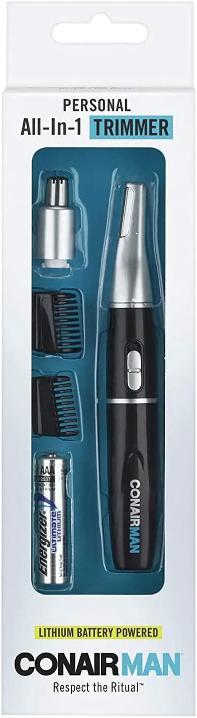 Alt view image 4 of 5 - ConairMAN All-in-One Personal Trimmer for Men, for Nose, Ear, Eyebrows and Sideburns Hair Trimmer, 4 piece Men's Grooming Kit, Lithium Battery-Powered
