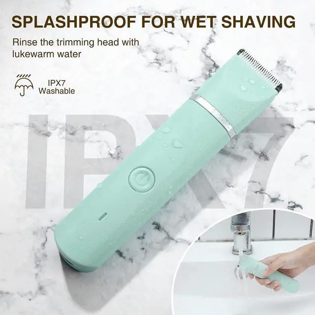 Alt view image 4 of 7 - Waterproof Bikini Trimmer Women Electric Razor for Pubic Hair Women's Foil Shaver Rechargeable Shaver Removal with Snap-in Ceramic Blades IP7X Washable Head,Wet and Dry Use,Green