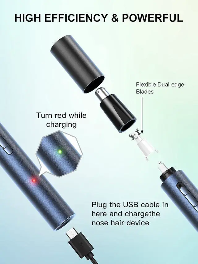 Alt view image 6 of 7 - AHHFEI Nose & Ear Hair Trimmer, 5 in 1 Rechargeable USB Trimmer for Men & Women, Painless & Easy Cleansing, Blue