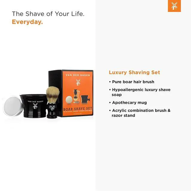 Alt view image 3 of 7 - Van Der Hagen® Luxury Shaving Set - Total Men's Wet Shaving Kit w/Boar Bristle Brush, Scented Luxury Soap, Stand and Apothecary Mug