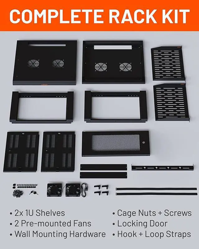 Alt view image 6 of 7 - ECHOGEAR 6U Network Rack - Enclosed Wall Mount Rack Kit Includes 2X 1U Shelves, Pre-Mounted Fan, Lockable Door & Hardware - 600mm Depth Fits All Your AV Gear