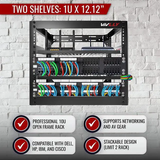 Alt view image 2 of 7 - Open Frame 10U Rack for Networking, Servers, Audio, and Video Equipment, Heavy Duty 1U Vented Shelves, Wall Mounted Hardware or Floor Standing Support