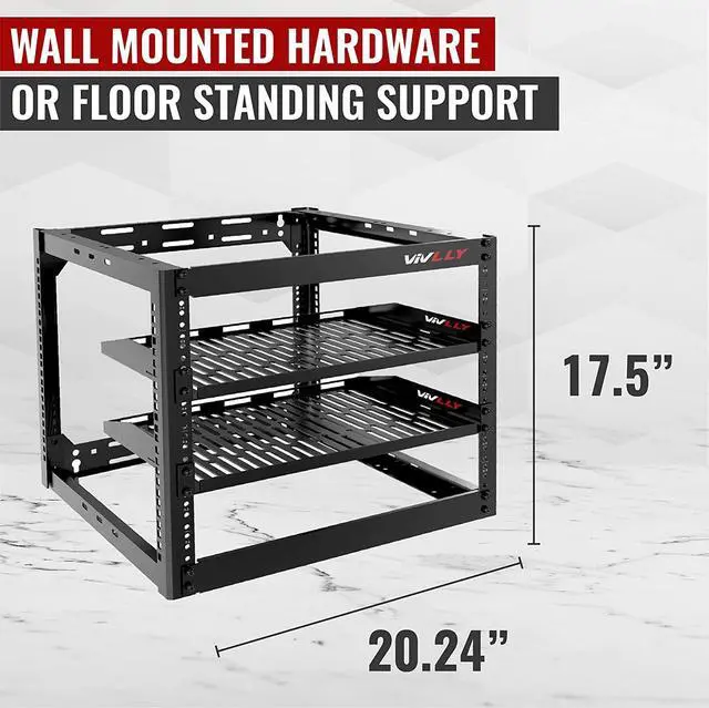Alt view image 4 of 7 - Open Frame 10U Rack for Networking, Servers, Audio, and Video Equipment, Heavy Duty 1U Vented Shelves, Wall Mounted Hardware or Floor Standing Support