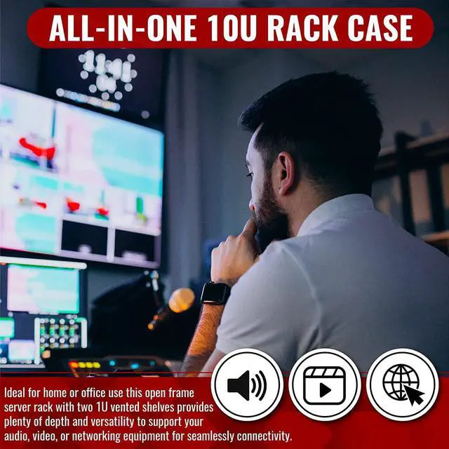 Alt view image 3 of 7 - Open Frame 10U Rack for Networking, Servers, Audio, and Video Equipment, Heavy Duty 1U Vented Shelves, Wall Mounted Hardware or Floor Standing Support