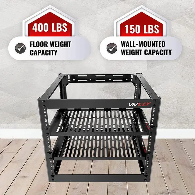 Alt view image 6 of 7 - Open Frame 10U Rack for Networking, Servers, Audio, and Video Equipment, Heavy Duty 1U Vented Shelves, Wall Mounted Hardware or Floor Standing Support
