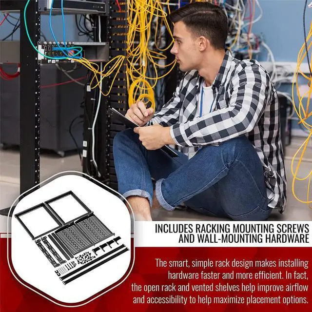 Alt view image 5 of 7 - Open Frame 10U Rack for Networking, Servers, Audio, and Video Equipment, Heavy Duty 1U Vented Shelves, Wall Mounted Hardware or Floor Standing Support