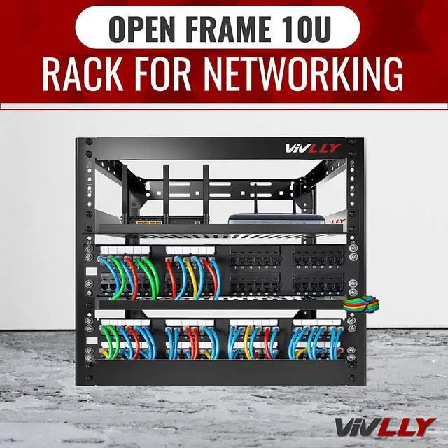 Alt view image 7 of 7 - Open Frame 10U Rack for Networking, Servers, Audio, and Video Equipment, Heavy Duty 1U Vented Shelves, Wall Mounted Hardware or Floor Standing Support