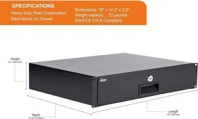 Alt view image 2 of 6 - TECMOJO Locking Rack Mount Drawer - 22lb (10 kg) Secure Lockable Steel Storage Rack Drawer for 19" Network Equipment/Server/AV Rack or Cabinet Enclosure 1U/2U/3U/4U/6U (2U)