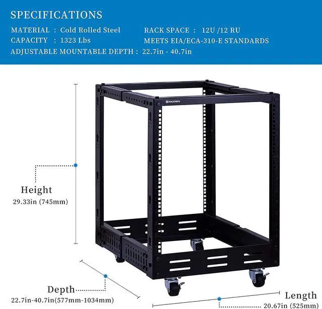Alt view image 2 of 7 - 12U Open Frame Server Rack  Heavy Duty 4 Post Adjustable Depth with Casters