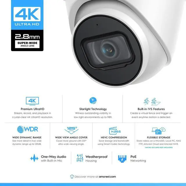 Alt view image 2 of 7 - Amcrest UltraHD 4K (8MP) Outdoor Security IP Turret PoE Camera, 3840x2160, 98ft NightVision, 2.8mm Lens, IP67 Weatherproof, MicroSD Recording (256GB), White
