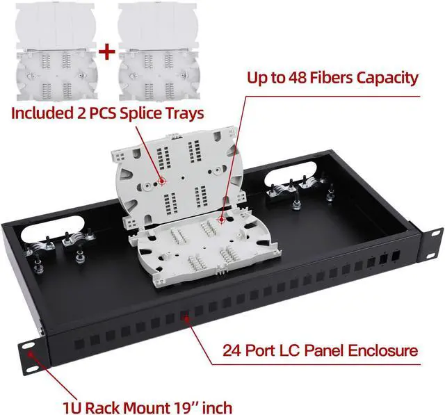 Alt view image 2 of 7 - 19" Rack Mount Enclosure Fiber Optic Box Fits Racks Cabinet 1U LGX Loaded Patch Panel - Include 2Pcs Splice Trays Maximum Capacity 48 Fibers