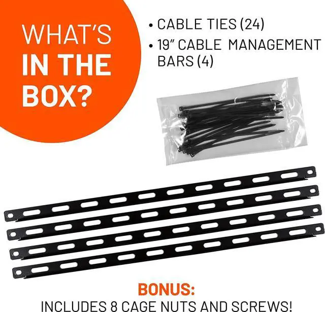 Alt view image 6 of 7 - ECHOGEAR Rack Cable Management Tie Bar Kit - Includes 4X 1U Tie Bars, 24 Zip Ties, 8 Cage Nuts, & 8 Screws - Works with 19" Open Frame Racks & Enclosures