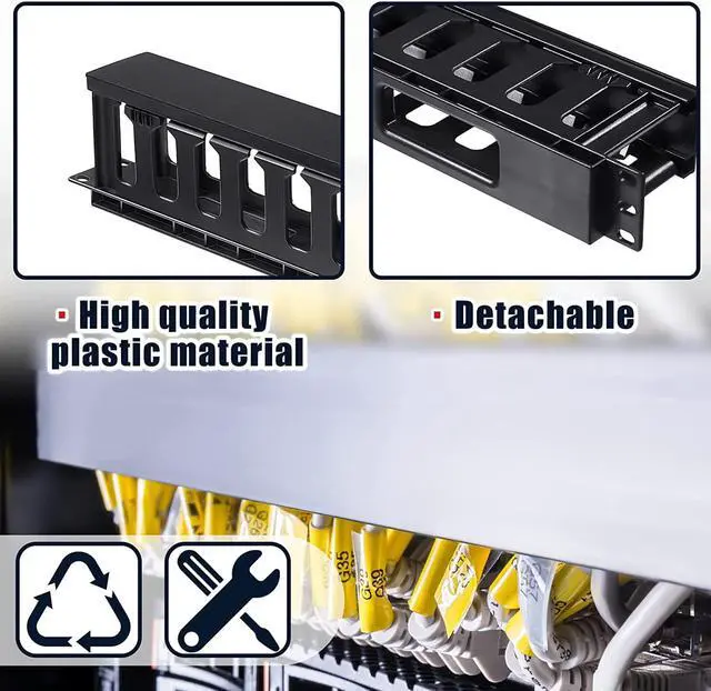Alt view image 4 of 6 - 4 Packs 1U Rack Cable Management Sleeves Horizontal 12 Slot Cable Management Clips Cable Rack with Panel Cover 19 Inch for Wall Shelf Mount (Elegant Style, Plastic)