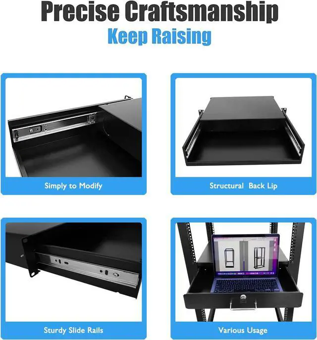 Alt view image 3 of 6 - 2U Rack Drawer Server Cabinet Case 19 Inch Rack Mount DJ Locking Rack Network Rack Deep Drawer with Key, with Rear Pass-Through Holes for Routing Cables(2U)