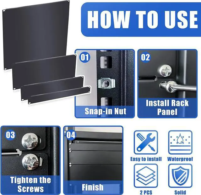 Alt view image 5 of 7 - 4 Pieces 1U, 2U, 4U, 8U Blank Panel Kit Metal Rack Mount Filler Panel Ser 19 Inch for Enclosure Server Rack Cabinet, Black