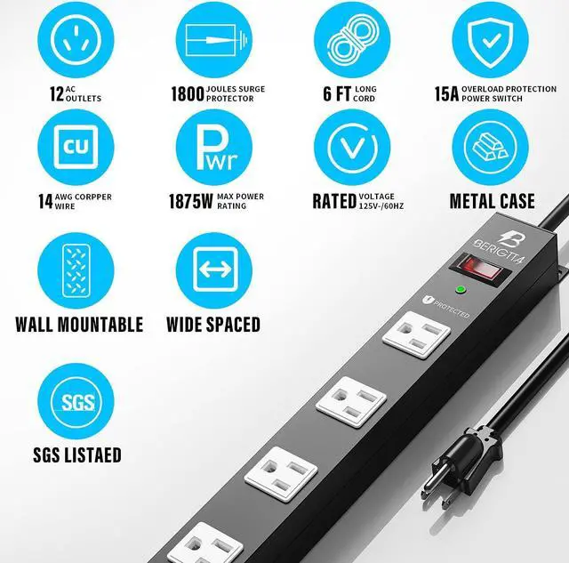 Alt view image 2 of 7 - BERIGTTA 12 Outlet Surge Protector Metal Power Strip, 1800J Mountable Power Outlet, Heavy Duty Workshop Metal Power Strip for Commercial, Industrial, School and Home,15A 125V 1875W (6FT)