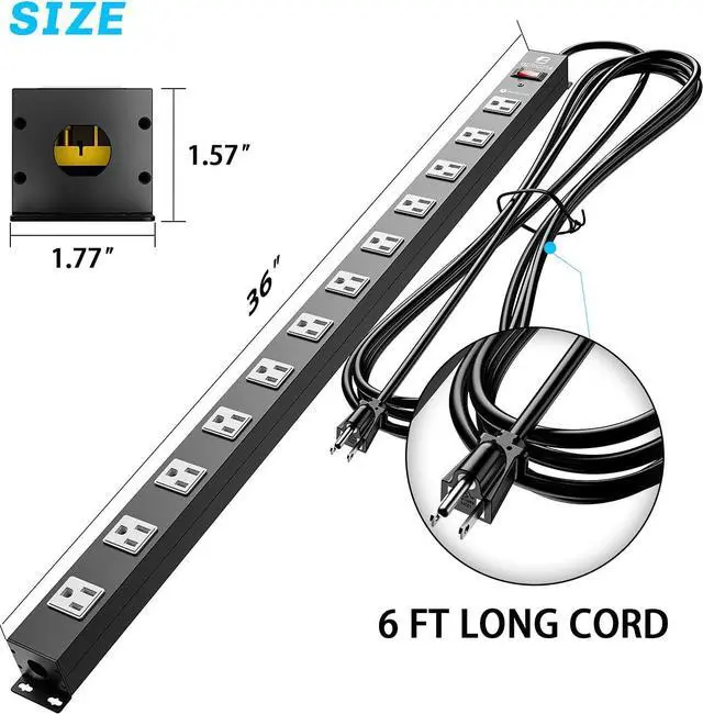 Alt view image 6 of 7 - BERIGTTA 12 Outlet Surge Protector Metal Power Strip, 1800J Mountable Power Outlet, Heavy Duty Workshop Metal Power Strip for Commercial, Industrial, School and Home,15A 125V 1875W (6FT)