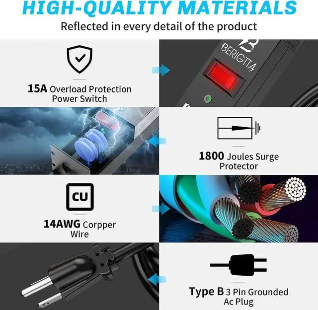 Alt view image 5 of 7 - BERIGTTA 12 Outlet Surge Protector Metal Power Strip, 1800J Mountable Power Outlet, Heavy Duty Workshop Metal Power Strip for Commercial, Industrial, School and Home,15A 125V 1875W (6FT)