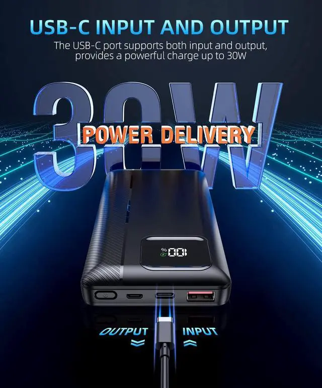 Alt view image 3 of 7 - Power-Bank-Portable-Charger - 16000mAh Power Bank Support PD 30W and QC4.0 Fast Charger with Built-in 2 Output Cable and LED Display for iPhone and Android Phones and Most Electronic Devices