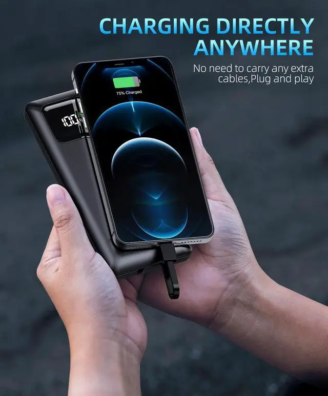 Alt view image 7 of 7 - Power-Bank-Portable-Charger - 16000mAh Power Bank Support PD 30W and QC4.0 Fast Charger with Built-in 2 Output Cable and LED Display for iPhone and Android Phones and Most Electronic Devices