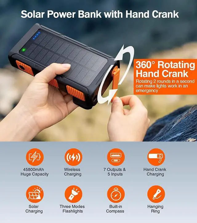 Alt view image 3 of 7 - GOODaaa Power Bank Wireless Charger 45800mAh Built in Hand Crank and 4 Cables 15W Fast Charging Power Bank 7 Outputs & 4 Inputs Solar Portable Charger, SOS/Strobe/Strong Flashlights, Compass