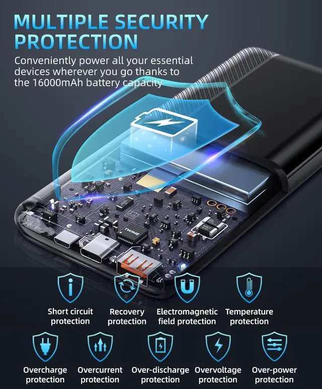 Alt view image 6 of 7 - Power-Bank-Portable-Charger - 16000mAh Power Bank Support PD 30W and QC4.0 Fast Charger with Built-in 2 Output Cable and LED Display for iPhone and Android Phones and Most Electronic Devices