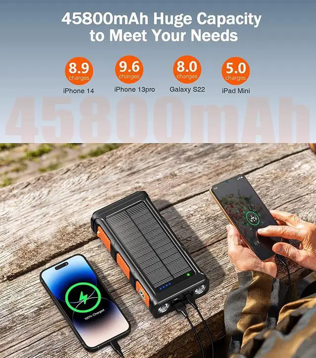 Alt view image 4 of 7 - GOODaaa Power Bank Wireless Charger 45800mAh Built in Hand Crank and 4 Cables 15W Fast Charging Power Bank 7 Outputs & 4 Inputs Solar Portable Charger, SOS/Strobe/Strong Flashlights, Compass