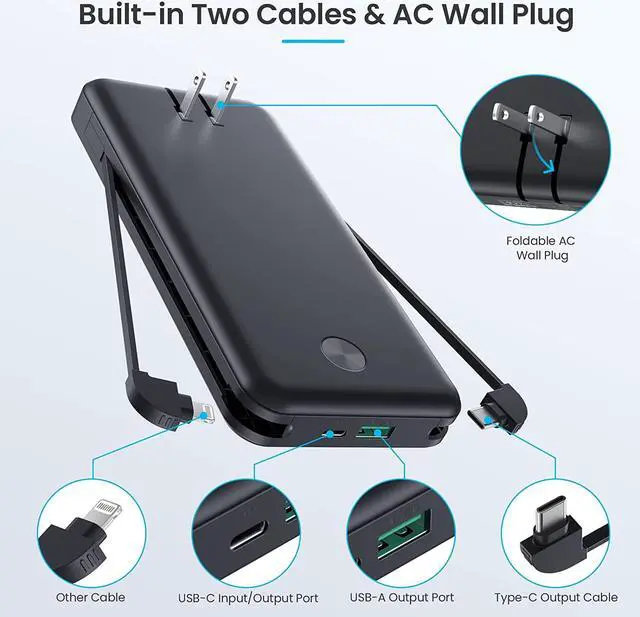 Alt view image 2 of 7 - Portable Charger with Built-in Cables & AC Wall Plug Upgraded 13800mAh USB-C Power Bank 4 Output LCD Display External Battery Pack Phone Charger Compatible with iPhone 16/15/14/13  Android etc