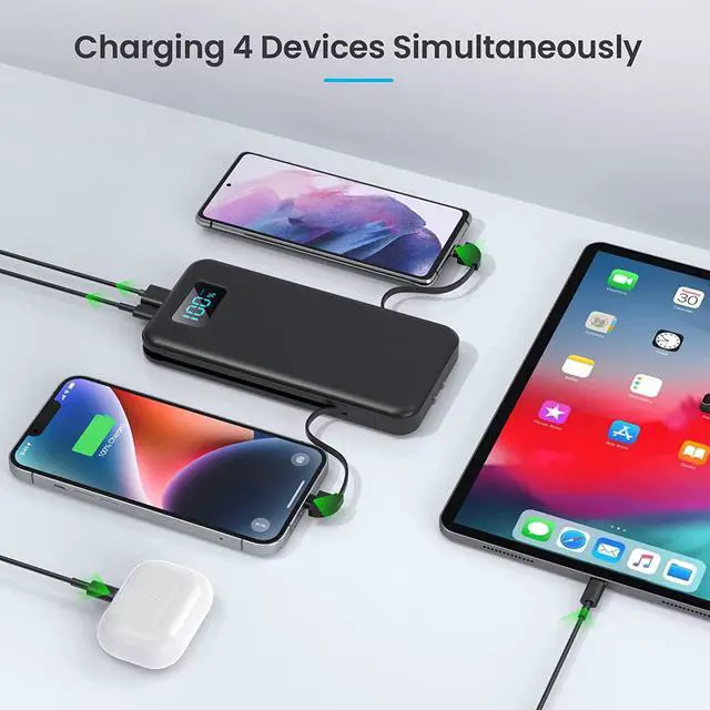Alt view image 7 of 7 - Portable Charger with Built-in Cables & AC Wall Plug Upgraded 13800mAh USB-C Power Bank 4 Output LCD Display External Battery Pack Phone Charger Compatible with iPhone 16/15/14/13  Android etc