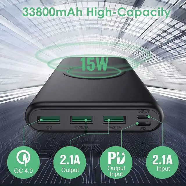 Alt view image 2 of 6 - Wireless Portable Charger Power Bank, 33800mAh 15W Fast Wireless Charging 25W PD QC 4.0 USB-C Power Bank, 5 Output & Dual Input External Battery Pack Compatible with iPhone 15/14/13/12/11,Android etc