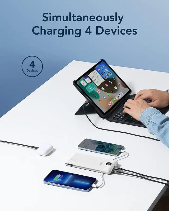 Alt view image 4 of 7 - VEGER Portable Charger for iPhone Built in Cables and Wall Plug, 10000mah Slim Fast Charging USB C Power Bank, Travel Essential Battery Pack Compatible with iPhones, iPad, Samsung More Devices(White)
