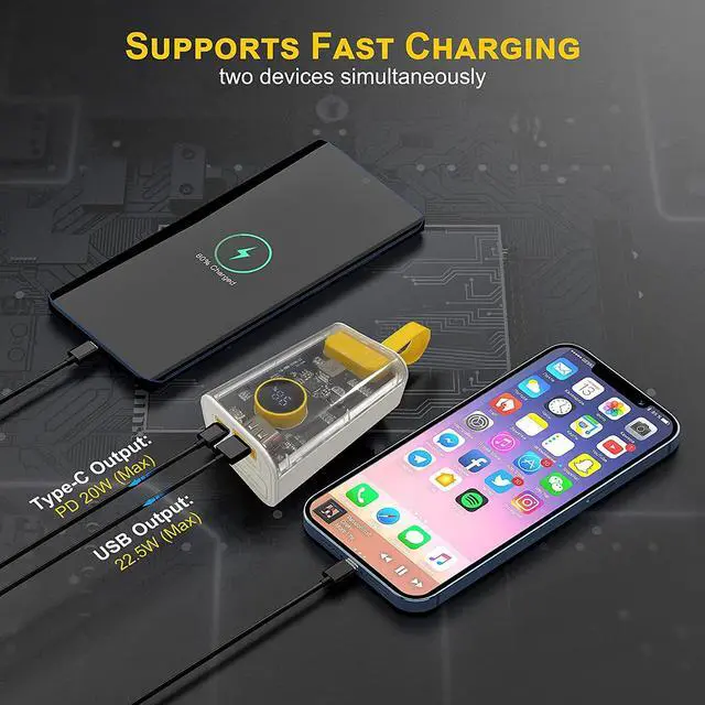 Alt view image 3 of 7 - Portable Charger 10000mAh,Small Power Bank 22.5W Fast Charging,Transparent External Battery Pack,Input/Output External USB C Portable Phone Charger for iPhone iPad Samsung LG Android Cellphone(White)