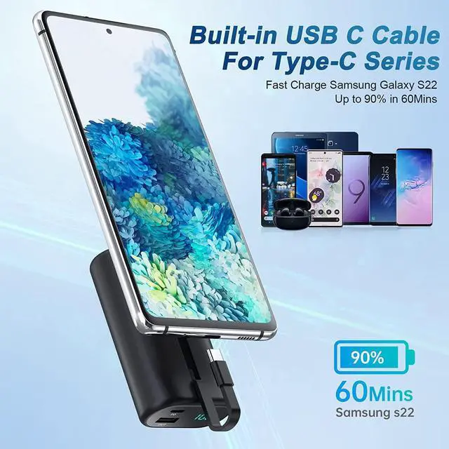 Alt view image 2 of 7 - Small Portable Charger 10800mAh with Built-in USB-C Cable, Mini PD 3A Fast Phone Charging Power Bank,LCD Display Android Charger Battery Pack Compatible with Samsung Galaxy S22/S21,Note,Moto,LG
