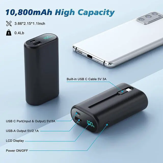Alt view image 4 of 7 - Small Portable Charger 10800mAh with Built-in USB-C Cable, Mini PD 3A Fast Phone Charging Power Bank,LCD Display Android Charger Battery Pack Compatible with Samsung Galaxy S22/S21,Note,Moto,LG