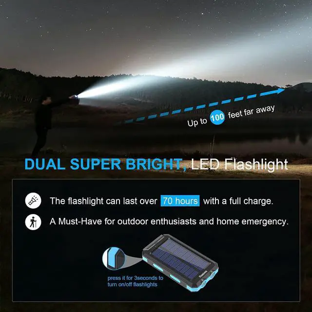 Alt view image 5 of 7 - Solar Charger, 38800mAh Portable Solar Power Bank IPX5 Waterproof with Built-in Solar Panel Charger and LED Flashlight, Solar Phone Charger Battery Pack for All CellPhones.