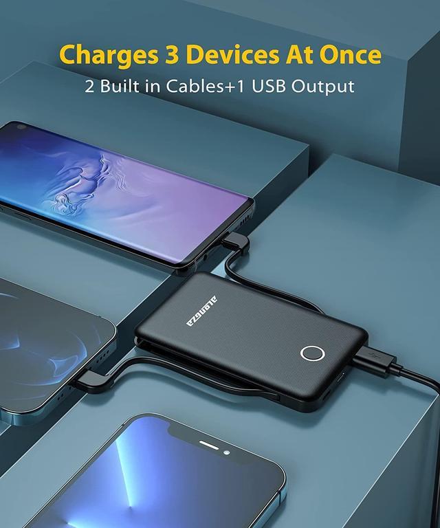 Smallest Portable Charger with Built-in Cables 6000mAh,Ultra Slim Power  Bank,Mini High Speed External Battery Packs,Lightweight USB C Phone Charger