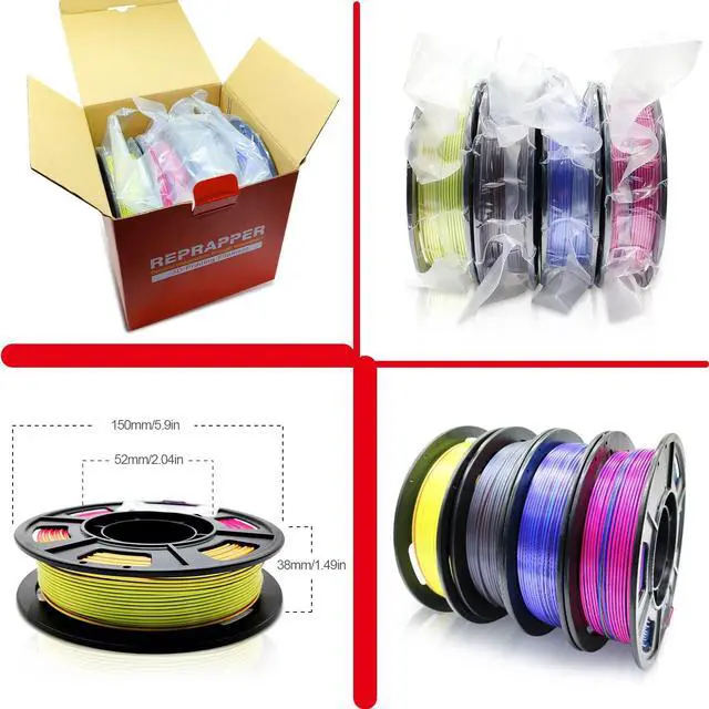 Alt view image 7 of 7 - Reprapper PLA Filament 4 X 250g Color Pack, Triple Color Filament Coextrusion PLA 1.75mm for 3D Printer, 4 Spools Silk Rose/Blue/Green, red-blue1-gold, Purple/Blue/Yellow, Gold/Copper/Black