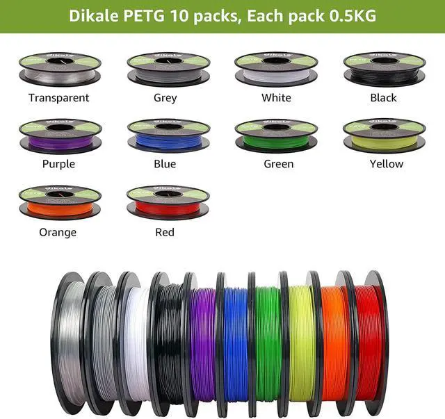 Alt view image 3 of 7 - PETG 3D Printer Filament 1.75mm 10 Packs 0.5kg Bundle, dikale No Tangle Assorted Colors Multipack Filament, 500g per Spool, 10 Spools Set, in Total Weight 5 kg (11 lbs)