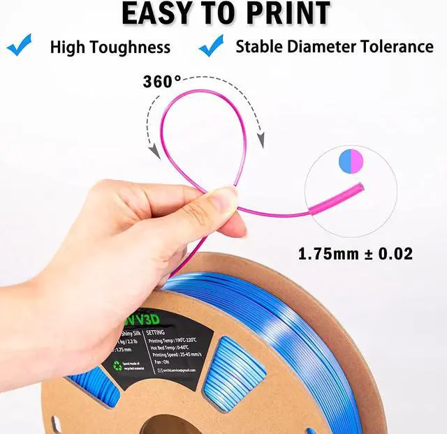 Alt view image 5 of 7 - OVV3D PLA Filament 1.75mm, Silk PLA Dual Color Filament, Sky Blue and Rose Red Coextrusion Filament, Color Change Every Inch Filament 3D Printing Materials +/-0.02mm, 1kg/2.2lb