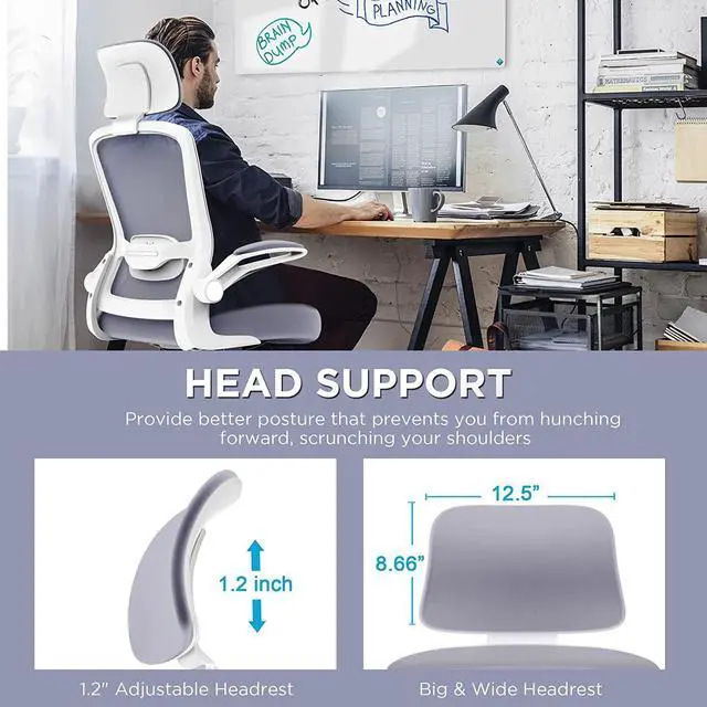 Alt view image 6 of 7 - Office Chair, High Back Ergonomic Desk Chair with Adjustable Lumbar Support and Headrest, Swivel Task Chair with flip-up Armrests for Guitar Playing, 5 Years Warranty