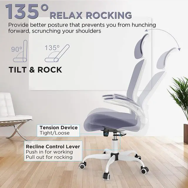 Alt view image 7 of 7 - Office Chair, High Back Ergonomic Desk Chair with Adjustable Lumbar Support and Headrest, Swivel Task Chair with flip-up Armrests for Guitar Playing, 5 Years Warranty