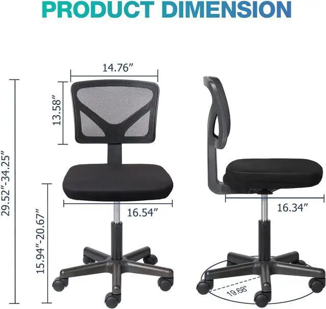 Alt view image 3 of 7 - Small Desk Chair Armless with Ergonomic Lumbar Support, Adjustable Height Breathable Mesh with Backrest, 360 Degree Swivel Rolling, for Study, Office, Conference Room, Black