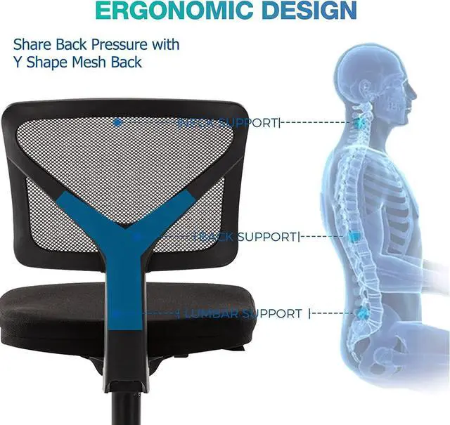 Alt view image 4 of 7 - Small Desk Chair Armless with Ergonomic Lumbar Support, Adjustable Height Breathable Mesh with Backrest, 360 Degree Swivel Rolling, for Study, Office, Conference Room, Black