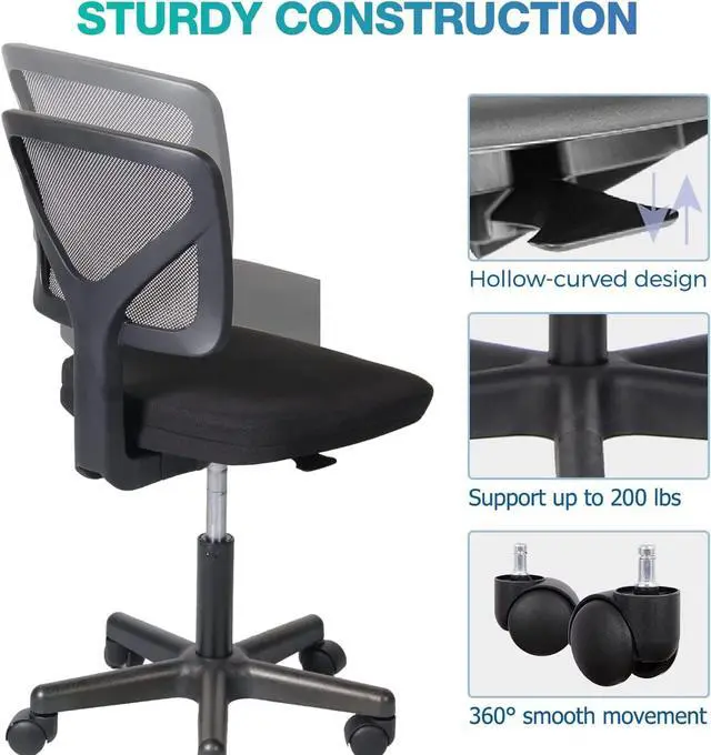 Alt view image 6 of 7 - Small Desk Chair Armless with Ergonomic Lumbar Support, Adjustable Height Breathable Mesh with Backrest, 360 Degree Swivel Rolling, for Study, Office, Conference Room, Black