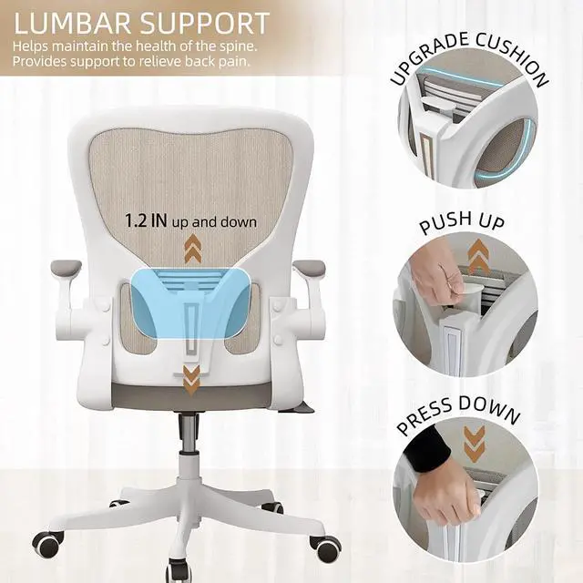 Alt view image 4 of 7 - Monhey Desk Computer Chairs - Ergonomic with Lumbar Support & Flip-up Arms Home Office Height Adjustable High Back Rockable Swivel 360° Warm Taupe Mesh Study Chair