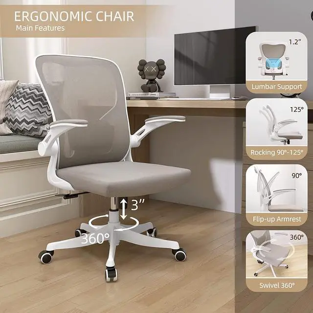 Alt view image 7 of 7 - Monhey Desk Computer Chairs - Ergonomic with Lumbar Support & Flip-up Arms Home Office Height Adjustable High Back Rockable Swivel 360° Warm Taupe Mesh Study Chair