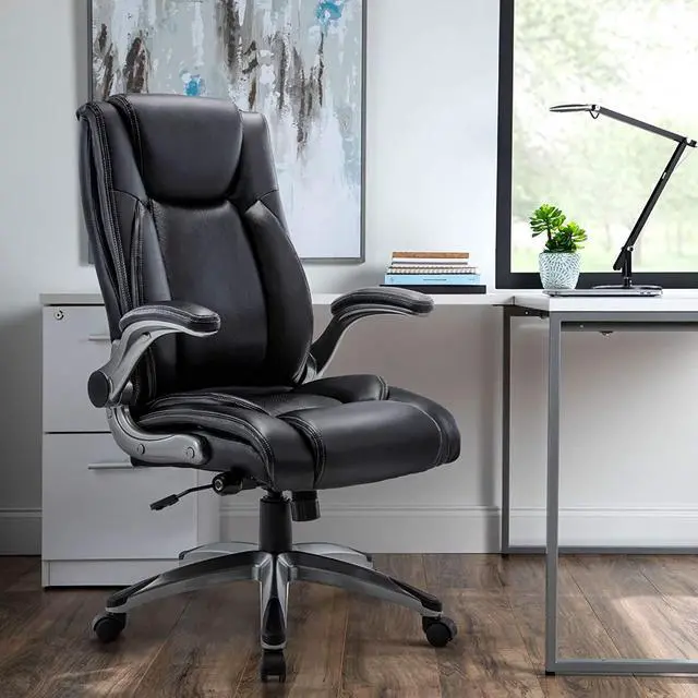Alt view image 2 of 7 - COLAMY High Back Leather Office Chair with Adjustable Lumbar Support Knob, Flip-Up Armrests, Thick Cushioned Seat, Rocking Function, Ergonomic Desk Chair for Home Office or Study, Black