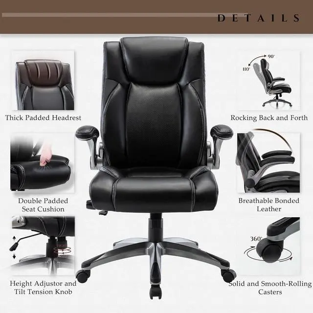 Alt view image 5 of 7 - COLAMY High Back Leather Office Chair with Adjustable Lumbar Support Knob, Flip-Up Armrests, Thick Cushioned Seat, Rocking Function, Ergonomic Desk Chair for Home Office or Study, Black