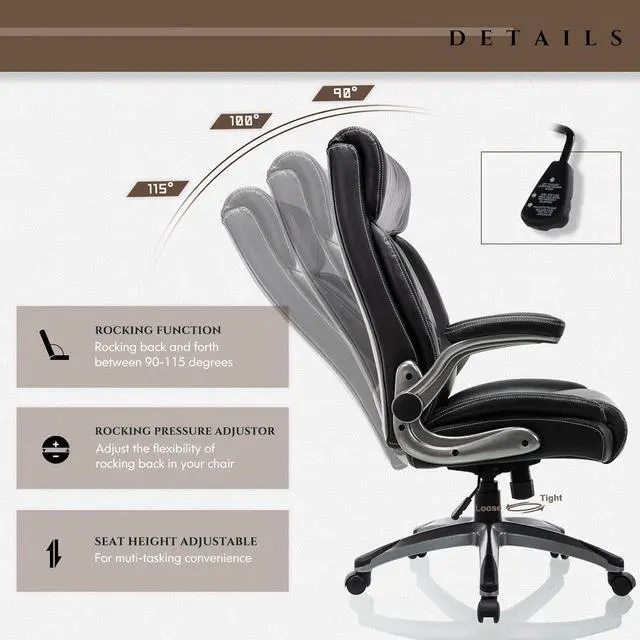 Alt view image 4 of 7 - COLAMY High Back Leather Office Chair with Adjustable Lumbar Support Knob, Flip-Up Armrests, Thick Cushioned Seat, Rocking Function, Ergonomic Desk Chair for Home Office or Study, Black
