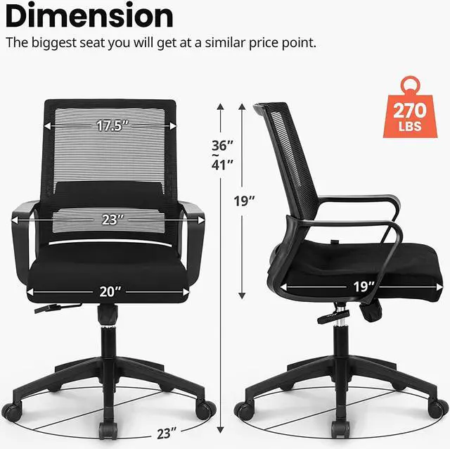 Alt view image 3 of 7 - NEO CHAIR Office Chair Ergonomic Desk Chair Mid Back Mesh with Lumbar Support Comfortable Cushion Swivel Adjustable Height Armrest Gaming/Computer Chairs for Home Office Desk (Black)